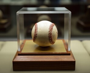 Baseball in display case