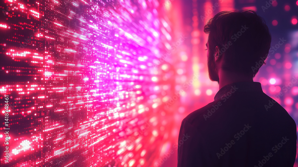 Poster businessman reviewing digital data on large screen in office setting for analysis and insights