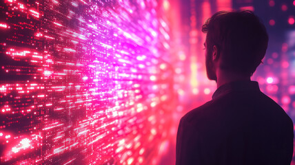 Businessman reviewing digital data on large screen in office setting for analysis and insights