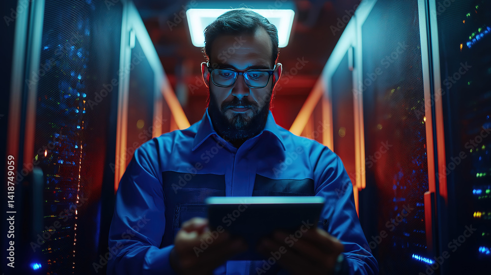 Poster professional monitoring data center systems and entering repair notes on tablet during checkup