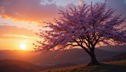 Serene Sunset A Stunning Cherry Blossom Tree in Warm Golden Hues
