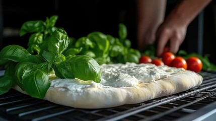 Freshly prepared pizza base topped with ricotta cheese and basil