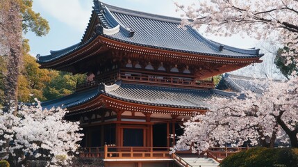 Obraz premium A breathtaking Japanese temple with curved rooftops, delicate wooden architecture, and cherry blossoms in full bloom.
