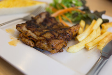 Grilled chicken breast with salad and fries restaurant dining food photography indoor setting close-up culinary delight