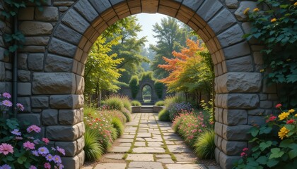 Stone Archway Entrance to a Serene Hidden Garden Oasis A Picturesque Path Through Blooming Flowers and Lush Greenery