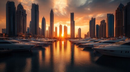 Obraz premium A breathtaking sunrise over the Dubai Marina, with boats docked along the promenade and skyscrapers in the background.