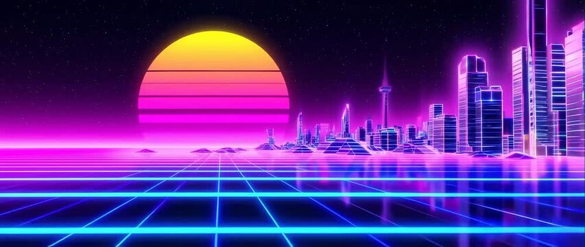 Anamorphic video of Camera flying through 80s retro synthwave style