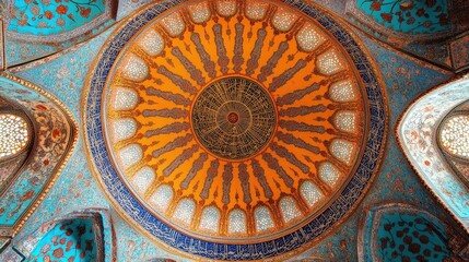 A breathtaking view of a mosque dome interior, decorated with intricate floral patterns and calligraphy.