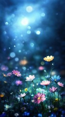 Fototapeta premium Night garden; colorful flowers, bokeh background.