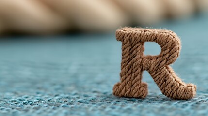 Close up jute letter r on teal rug