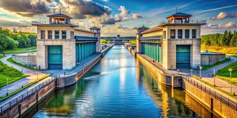 Novosibirsk Ob River Canal Sluice Chamber - Closed Gates, Bypass Canal, Russia