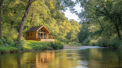 Idyllic wooden cabin by the river in serene woodland landscape scene