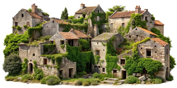 Overgrown Dalmatian Village: Abandoned Stone Houses, Lush Vegetation,  Sun-Drenched Ruins,  Ancient Architecture,  Mediterranean Scenery
