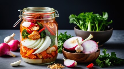 A vibrant jar of kimchi surrounded by fresh radishes, garlic, onions, and cilantro on a dark background highlights traditional Korean ingredients
