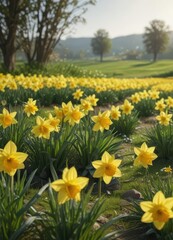 Fototapeta premium Close-up vibrant daffodils, sunny day, lush green field, photography, wildflower