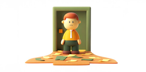 A cartoonish figure stands at a door, looking perplexed amid a colorful array of papers scattered on the floor.