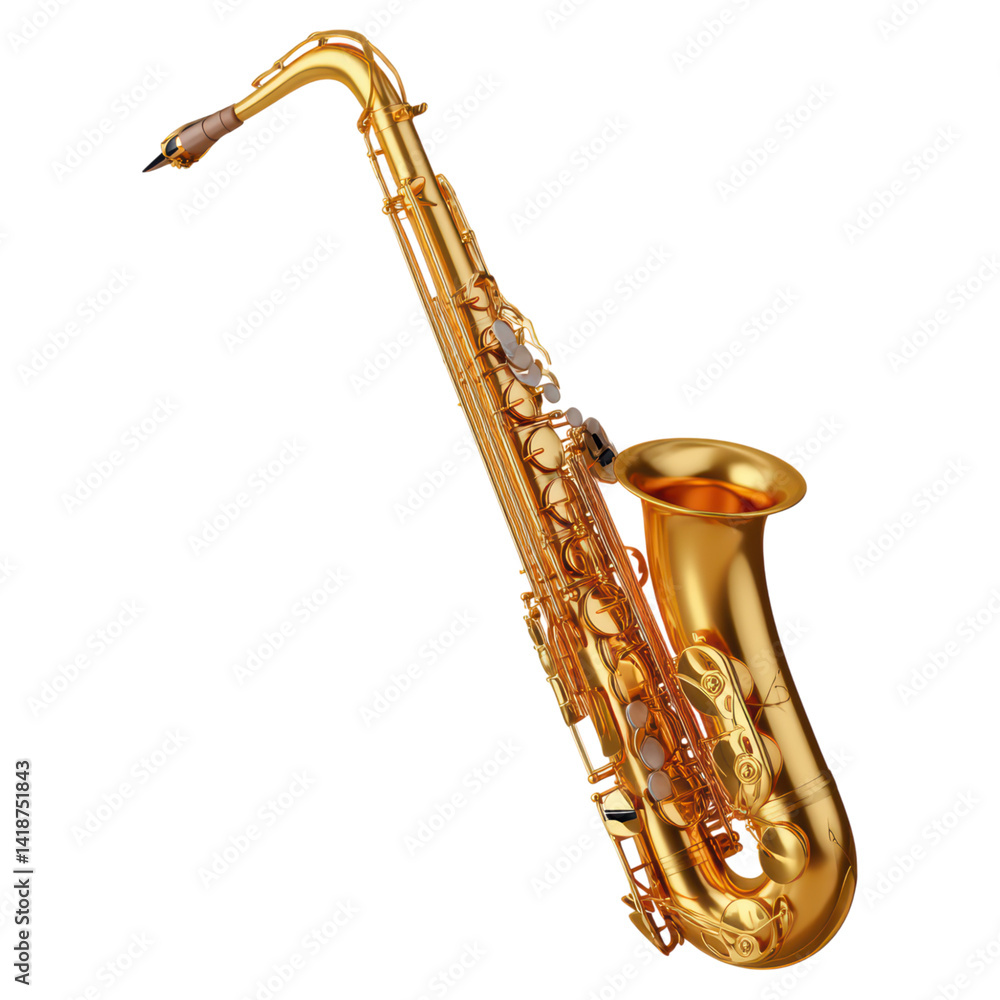 Poster golden saxophone on transparent background with reflective details, isolated on transparent backgrou