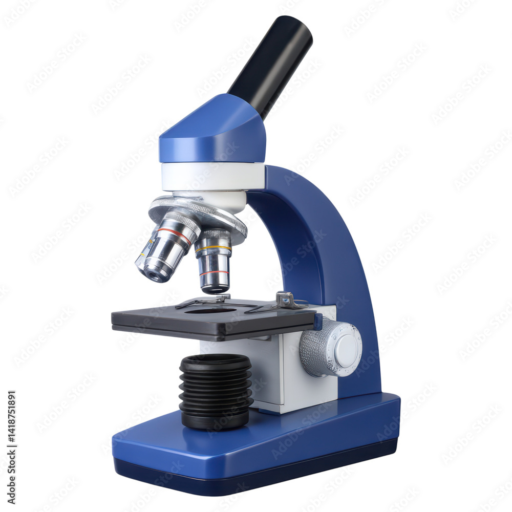 Poster close-up view of a modern laboratory microscope for research use, isolated on transparent background