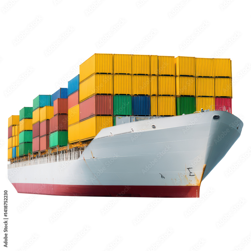 Poster large container ship loaded with colorful cargo containers at port, isolated on transparent backgrou