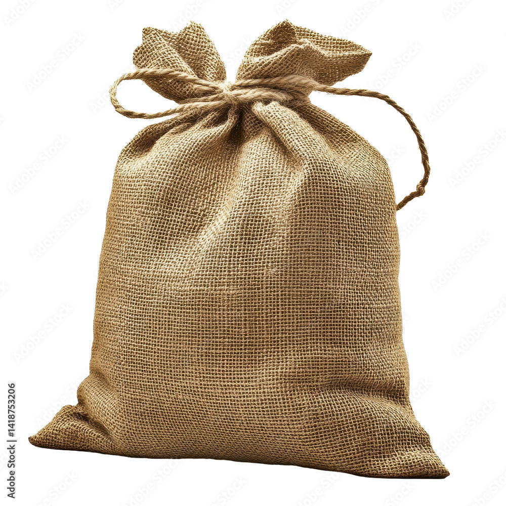 Poster burlap sack isolated against a white background showcasing texture and craftsmanship, burlap sack is