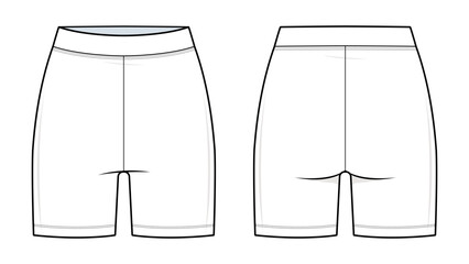 Leggings Shorts Technical Fashion Illustration. Fitted Short-Length Leggings Vector Template. Front and Back View. High-Waist. Activewear. Women’s Sportswear. CAD Mockup.