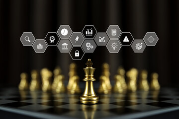 King chess standing with human resources icons for leadership strategic planning or winner strategy or wining challenge of team player or business teamwork and organization management.