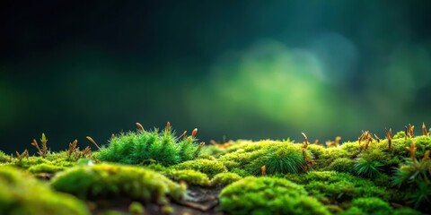 Fuzzy forest floor with dark green moss and lichen, dark green background, forest floor,  dark green background