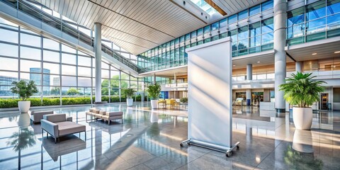 Obraz premium Roll Up Banner Mockup: Hospital & Airport Lobby Advertising Design, High-Resolution Aerial Photography