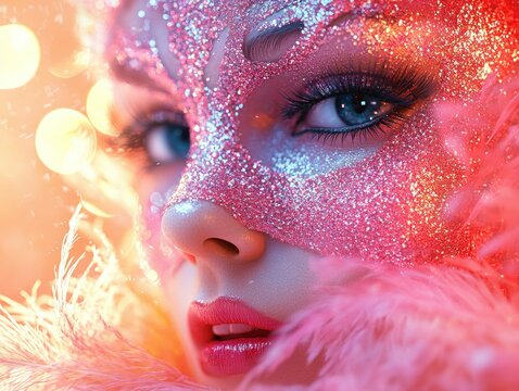 Close-up of a woman with a sparkling pink mask and feathers. A glamorous and festive portrait - Powered by Adobe