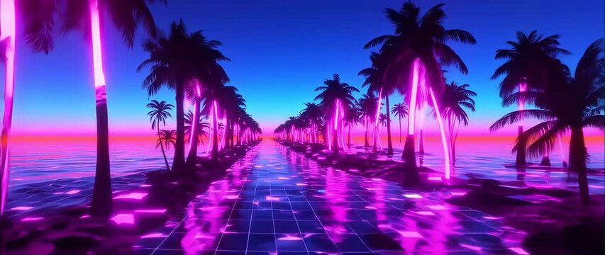 Anamorphic video of Palm trees along river, 80s retro synthwave style, looped 3d animation