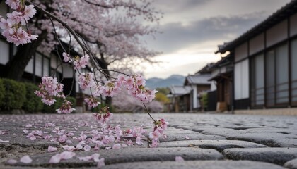 A branch of flowering cherries with petals showered on a grocery road against the background of the street with Japanese buildings, mountains in the distance and cloud sky