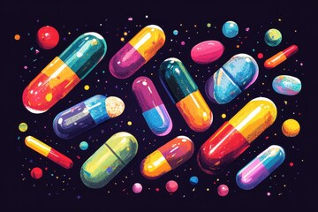 Vibrant assortment of pill capsules, tablets, and spheres on a dark backdrop. Use for pharmaceutical advertising or health & wellness graphics.