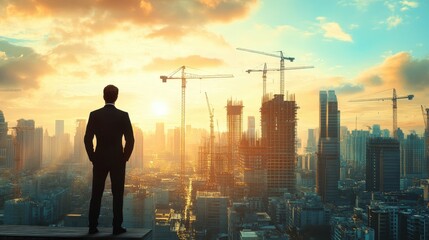 A businessman standing on a rooftop, looking at a city full of construction cranes and high-value properties.