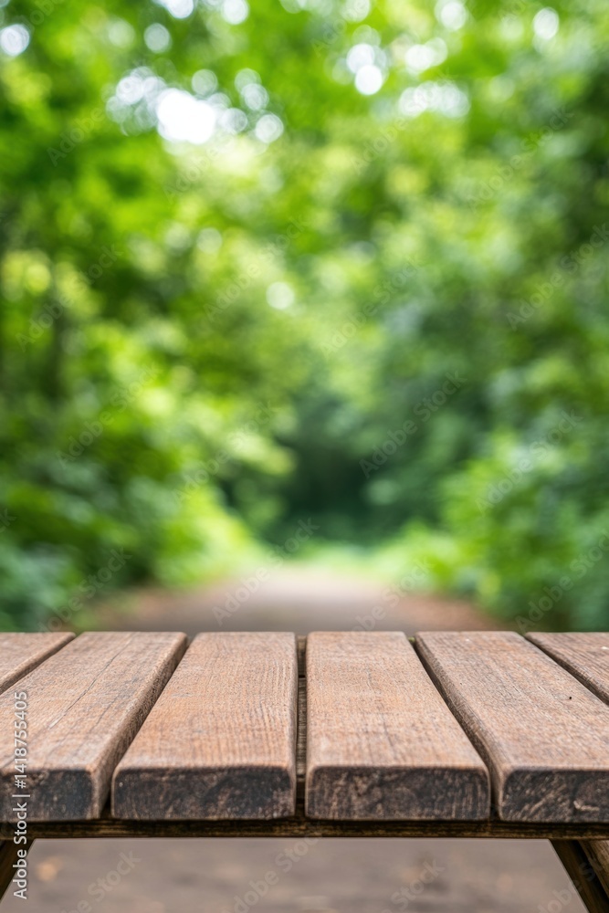 Poster a wooden table in the foreground with a blurred green pathway and trees in the background, creating 