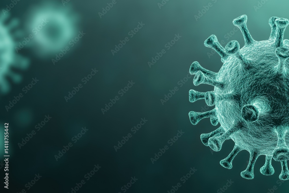 Poster a detailed microscopic view of a virus, showcasing its structure and spikes against a blurred backgr