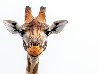 A close-up of a giraffe's face with distinct features and a neutral background, showcasing its unique markings and expressive eyes.