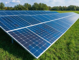 A field of solar panels reflects sunlight, showcasing renewable energy technology in a lush green landscape.
