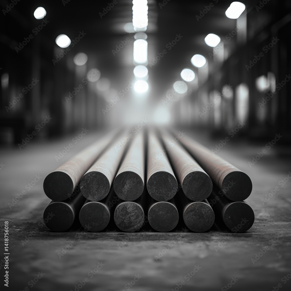 Poster a series of metallic rods arranged neatly on a factory floor, surrounded by a misty atmosphere, emph