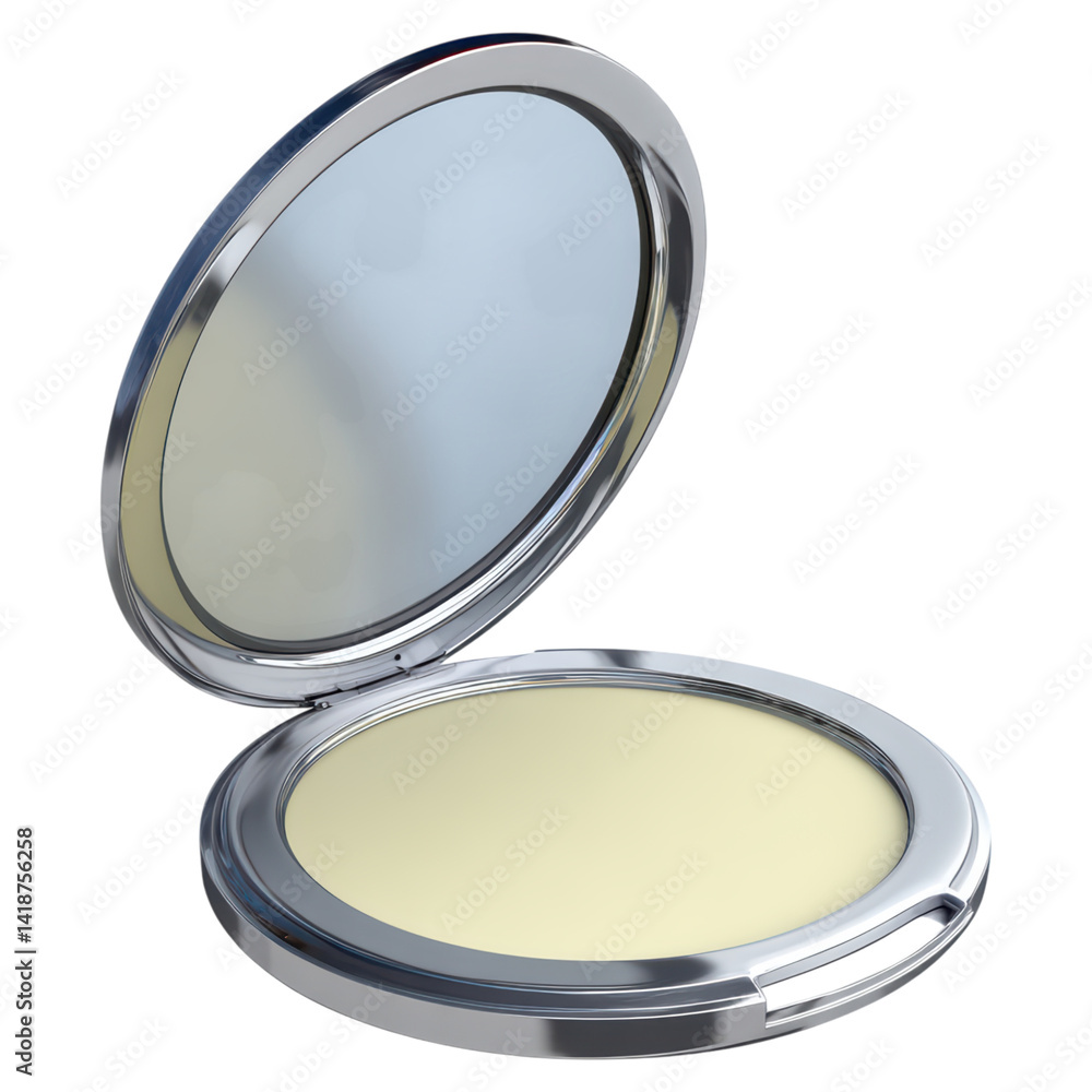 Poster elegant open compact mirror with smooth surface reflection, isolated on transparent background.