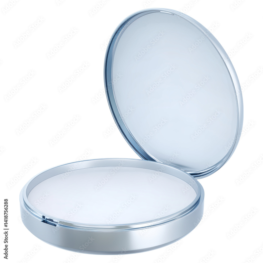 Poster sleek open compact case for cosmetic products with mirror inside, isolated on transparent background