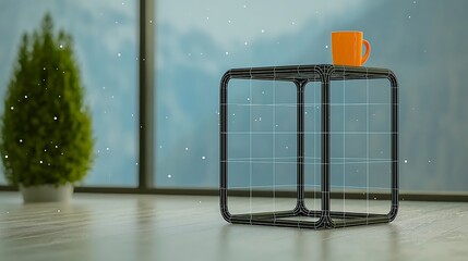 Modern black wireframe table with an orange mug in a cozy room overlooking snowy mountains