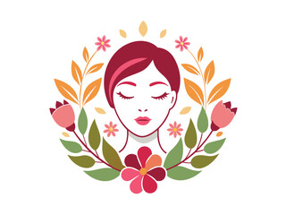 A beautiful woman with floral hair holds a spring flower, showcasing natural beauty in a vector art design