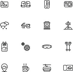 Winter sport vector flat line icons. Outdoor activities equipment snowboard, hockey, sled, skates, snow tubing, ice kiting, husky dog, climbing. Linear pictogram for ski resort. Editable Stroke