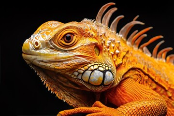 Fototapeta premium A close up portrait of an orange lizard against black background