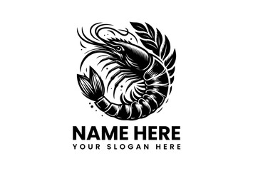 Elegant Shrimp Emblem: A sophisticated monochrome emblem showcasing a beautifully rendered shrimp, perfect for representing seafood and culinary excellence.