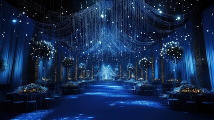 A celestial-themed wedding hall with twinkling fairy lights, deep blue decor, and a dreamy night-sky effect.
