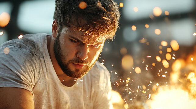Steel factory worker in action industrial setting halfbody shot sparks flying capturing the essence of labor and craftsmanship