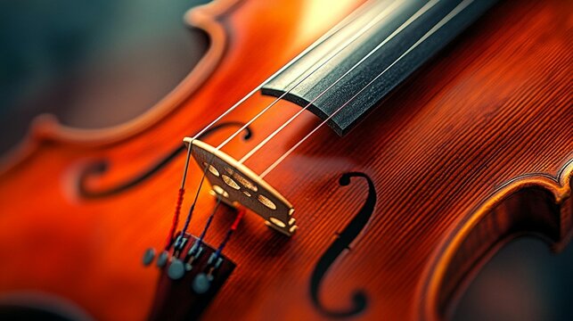 Close-up of a polished violin, showcasing its intricate details and rich, warm wood tone.