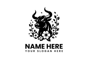 Powerful Bull in Floral Design: A strong bull is depicted in a floral setting, symbolizing strength, resilience, and natural harmony.