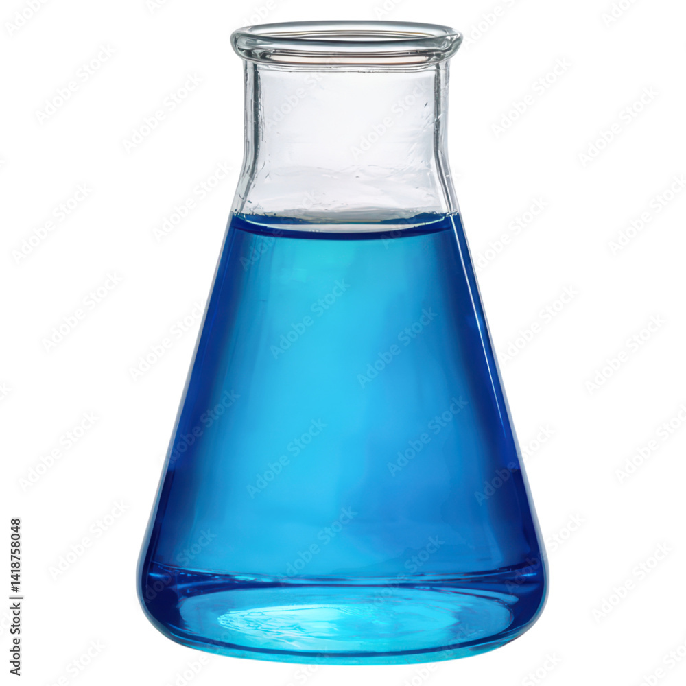 Aufkleber blue liquid in laboratory flask for science and research use, isolated on transparent background.